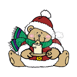 This clipart image shows a teddy bear wearing a Santa hat and a green scarf decorated with red. The bear is holding a lit candle on a small plate with a holly berry decoration. The teddy bear has a content and peaceful expression.