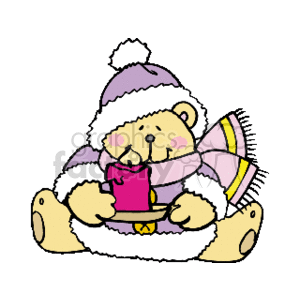 The image depicts a cute teddy bear wearing a wooly hat and a scarf, holding a lit candle, which suggests a cozy, wintry scene. The bear appears to be sitting down, possibly enjoying the warmth of the drink.