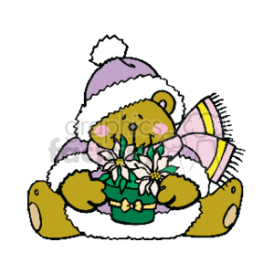 The clipart image depicts a teddy bear dressed in Santa-style holiday attire. The bear is wearing a hat and scarf matching in purple and white. It is holding a green potted plant adorned with white flowers and a yellow ribbon bow. The teddy bear has a contented expression on its face.