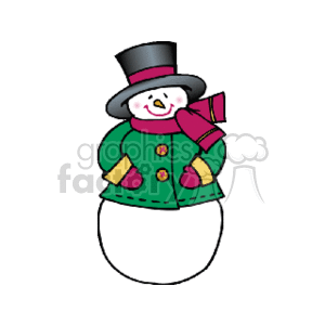 The clipart image features a colorful cartoon snowman dressed in winter clothing. The snowman has a cheerful expression, a carrot nose, a black top hat, and is wearing a green coat with red buttons. Additionally, the snowman has a pink scarf and appears to have pink gloves.