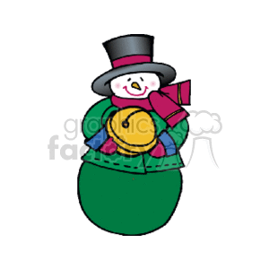The clipart image features a cheerful snowman dressed in winter holiday attire. The snowman is wearing a black top hat, a green coat, a pink scarf, and a pair of green mittens. In the center, the snowman is holding a large yellow bell, often associated with jingle bells, which are iconic during the Christmas season. The image exudes a happy and festive mood, capturing the spirit of Christmas and winter holidays.