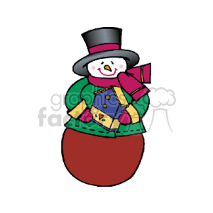 This image depicts a colorful cartoon snowman. The snowman is wearing a top hat, has a pink cheeked and smiling face with eyes and a nose, sporting a green jacket with a purple scarf, and holding a blue birdhouse. 