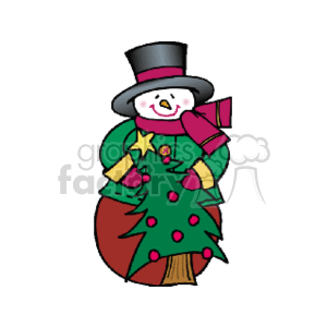 The clipart image features a cheerful snowman dressed in winter holiday attire. The snowman is wearing a black top hat, a pink and green scarf, and a green jacket. It is holding a Christmas tree in front, with red ornaments and a yellow star. 