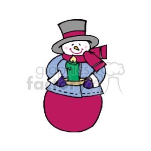 The clipart image features a colorful snowman dressed in winter attire. The snowman is wearing a top hat, a scarf, and has a warm jacket on. It is also holding a candle, which contributes to the festive, holiday mood of the image.