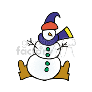 The image is a simple clipart illustration of a snowman associated with the Christmas or winter holiday season. The snowman has three snowballs for its body, mid-body and head. It is wearing a hat that's floppy and colorful with a purple and red design and has a purple and yellow scarf. The snowman also has green buttons on its body and stick arms extended outward. It is drawn in a cartoonish style with bold outlines and primary colors.