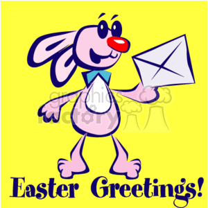 The clipart image features a cartoon Easter bunny who is pink with a white belly and a red nose. The bunny is wearing a green bow tie and holding a white envelope with its right hand. It has a joyful expression on its face and appears to be walking. The background is yellow, and there is a purple text at the bottom of the image that says Easter Greetings!