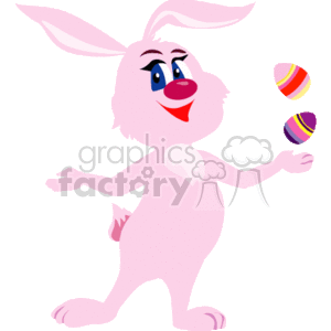 The clipart image depicts a happy pink Easter bunny juggling multicolored Easter eggs. The Easter bunny appears to be in a festive and celebratory mood, which suggests the joy and fun associated with the Easter holiday.