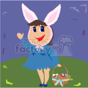 The image is a clipart depicting a cartoon character dressed as an Easter bunny. The character has rabbit ears and is wearing a blue dress, waving happily. The character is standing on green grass under a blue sky and holding a woven basket filled with colorful Easter eggs.