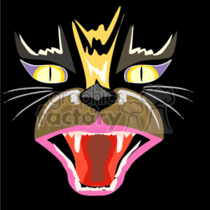 The image is a clipart illustration of a black cat with a menacing appearance. The cat's mouth is open in a growl, showing sharp teeth and a red interior, indicating aggression or ferocity. Its eyes are narrowed and yellow, with pointed pupils, and its ears are drawn back. Above the cat's head, there is a stylized, yellow-colored lightning-bolt-like shape suggesting the idea of anger or a wicked temperament. The overall theme is eerie and perfectly suited for the Halloween holiday.