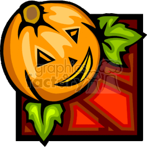 The image depicts a stylized Halloween pumpkin with a cheerful, carved face. The pumpkin is orange with light and dark accents to show dimension and has a simplified face with triangular eyes, a nose, and a smiling mouth with teeth. There's a small brown stem at the top and green leaves at the base. The background consists of geometric shapes with shades of red, adding a decorative element.