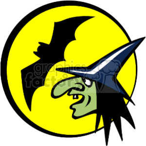This clipart image features a caricature of a witch with a pointy hat and a warty nose in profile, set against a full moon. A bat is silhouetted against the moon as well. The image evokes a Halloween theme.