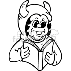 The image is a black and white clipart of a cheerful, cartoon-style character, resembling a female devil, complete with horns, reading a book. It's a simple line drawing likely meant for coloring activities, perhaps around a Halloween theme.