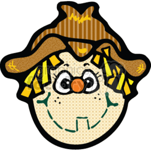 The image is of a cheerful, cartoon-style scarecrow's face. It features a smiling face with stitched details, an orange nose, and playful, friendly eyes. The scarecrow is wearing a country-style hat with patches, and there are hints of hay or straw coming out from under the hat, suggesting the scarecrow is stuffed with hay, as is typical. Given the themes of scarecrows and their common association with autumn and Halloween, the image can be related to holidays, especially Halloween.