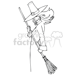 This clipart image features a stylized depiction of a witch associated with Halloween. The witch is holding a broomstick and wearing a wide-brimmed, pointed witch's hat. The image has a whimsical design and is presented in a black and white outline, making it suitable for various uses related to the Halloween holiday.