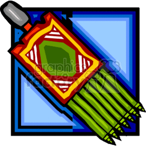 This clipart image depicts a bunch of green stalks, possibly representing fresh vegetables, tied together with a red and yellow band that has a green square in the center. The image has a blue geometric background. It's styled in a simplistic, cartoon-like manner typical of clipart. The illustration may symbolize the Kwanzaa harvest and celebration.