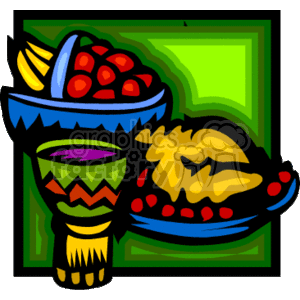 The image is a colorful clipart representation of food items which might be associated with the celebration of Kwanzaa, a holiday honoring African heritage. It depicts a bowl filled with fruits like bananas and possibly berries, as well as a dish that appears to contain something similar to bread or pastries. The bowls are decorated with geometric patterns that could be indicative of African art styles.
