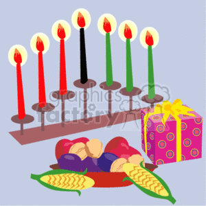 The clipart image shows several items that are symbolic of the celebration of Kwanzaa. These items include a Kinara (candle holder) with seven lit candles (three red on the left, one black in the center, and three green on the right), which are used to represent the seven principles of Kwanzaa. Additionally, there is a gift-wrapped present indicative of the gifts given during Kwanzaa, and a bowl filled with various fruits and ears of corn, which represent the harvest and the concept of sharing during the holiday.