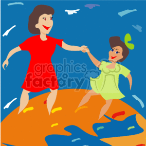 This image shows a simplified, animated representation of two figures, an adult woman and a younger girl, presumably depicting a mother and daughter. Both are smiling and holding hands while standing on a representation of the Earth, with blue as the oceans and yellow-orange landmasses illustrated. The background is a dark blue sky with white bird silhouettes.