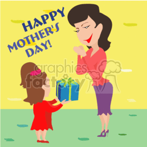 This clipart image depicts a happy moment between a mother and her daughter on Mother's Day. The mother is smiling pleasantly as she looks at her young daughter, who is offering her a gift wrapped in blue with a yellow ribbon. The daughter wears a red dress and has a pink bow in her hair, while the mother is dressed in a red blouse and a purple skirt. They are standing on a grassy surface, and the background is a yellowish tone with HAPPY MOTHER'S DAY! written at the top.