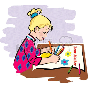 Little blond girl drawing a card to her mother