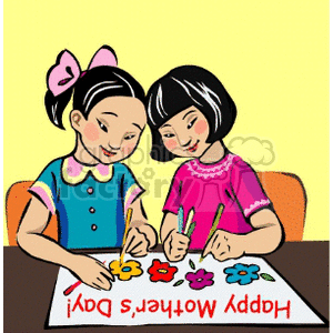 Two asian girls making a card to their mother
