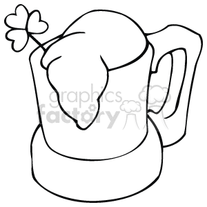 This black and white clipart image features a mug of beer with a large, frothy head overflowing from the top. A clover or shamrock is also visible, adding to the Irish theme, commonly associated with Saint Patrick's Day celebrations.