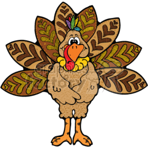 The clipart image features a cartoon-style turkey with a festive appearance, characterized by its large, colorful tail feathers, which are reminiscent of fall foliage and Thanksgiving decorations. The turkey itself is brown, aligning with a typical turkey color, and exhibits a friendly and humorous character, suitable for holiday-themed graphics.