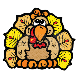 The clipart image features a stylized cartoon turkey. It has an oversized body with a pattern resembling feathers, and its tail is fanned out displaying an array of autumn colors with leaf-like patterns. The turkey's head is central with a comical expression, showing large eyes and an orange beak, complete with a red wattle and a tuft of feathers on top. The turkey is in a seated position, and the color scheme gives off a fall or Thanksgiving vibe.