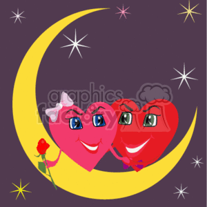This clipart image features two anthropomorphic hearts with smiling faces. They are sitting closely together on a crescent moon with a starry background. One heart is holding a rose and has a bow on top, suggesting a feminine character, while the other has a bow tie, suggesting a masculine character. The background is purple, the moon is yellow, and there are small stars of varying colors scattered around.