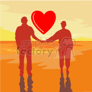 In the clipart image, there is a silhouette of a couple holding hands on a beach at sunset or dusk. A large heart is shown above their hands, symbolizing love. The background is a gradient of warm colors, suggesting the romantic ambiance of a sunset on Valentine's Day.