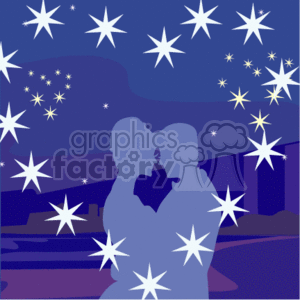This clipart image features a silhouette of a couple embracing each other affectionately under a starry night sky. They are set against a backdrop of a blue evening landscape, and inside their silhouetted form is a visible heart shape, denoting love and affection. The scene speaks of romance and the celebration of Valentine's Day.