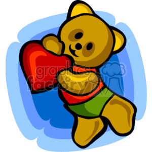 The clipart image features a happy, smiling teddy bear holding a red heart. The bear appears to be in a cheerful mood, and the heart symbolizes love, which is commonly associated with Valentine's Day. The teddy bear is wearing a striped shirt with colors red, yellow, and green.
