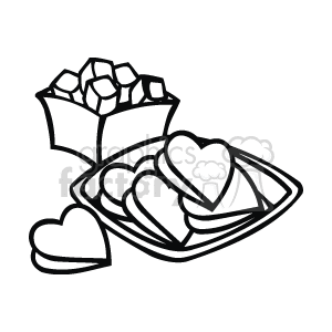 The image is a black and white clipart depicting an open box of chocolates alongside a plate filled with heart-shaped candies or cookies. This image creates a Valentine's Day theme, with the focus on the typical gifts associated with the holiday.