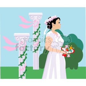 The clipart image displays a bride in a white dress, wearing a flower crown and holding a bouquet of flowers. She stands in front of a decorative setting that includes two classical white columns adorned with pink ribbons and green vines. There is a green bush and a light blue background suggesting an outdoor setting.