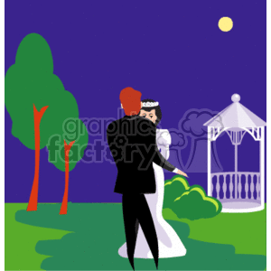 The clipart image depicts a bride and groom in a wedding scene. The bride is wearing a white gown and the groom is dressed in a black suit. They are standing on a grassy area with a gazebo in the background, suggesting an outdoor wedding setting at night. Trees are visible and there is a yellow moon in the sky.