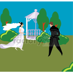 The clipart image displays a bride and groom outdoors, likely in a garden or park setting. The bride is depicted in a white wedding dress with a veil, while the groom is dressed in a black suit. Behind them is a gazebo, and the setting includes green bushes and a blue sky, which could suggest a pleasant day for a wedding.