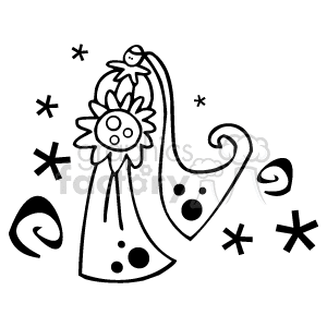 The clipart image depicts a stylized representation of a bride, characterized by a long flowing gown with polka dots, holding a large flower, and possibly wearing a veil or headpiece. Surrounding the figure are various decorative elements like stars and swirls, adding a whimsical or celebratory touch to the image.
