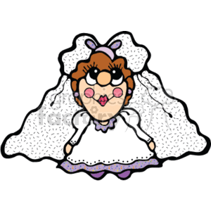The clipart image depicts a cartoon of a bride in wedding attire. The bride is illustrated with a large white wedding dress adorned with what appears to be lace detailing, and she is wearing a traditional wedding veil. Her hair is styled in an updo with a bow, and she has a cheerful facial expression with rosy cheeks and heart-shaped lips.