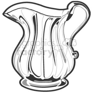 The image is a black and white clipart of a pitcher, commonly used to hold and pour beverages such as water, juice, or iced tea. The pitcher has a wide spout, a handle for gripping, and a decorative pattern suggesting a curved, fluted design.