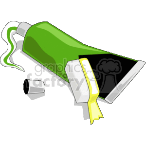 The clipart image depicts a green tube of toothpaste, which is squeezed to extrude some white toothpaste onto a white toothbrush with a grey handle. The cap of the toothpaste tube appears to be detached and lying nearby.