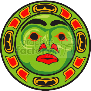 The image depicts a stylized representation of a Chinese mask, characterized by bold colors and traditional designs. The mask appears to be circular in shape with a green face in the center, featuring red lips and elongated eyes in red and black. Surrounding the face is a decorative border with red and yellow elements on a black background, accompanied by what seems to be gold detailing.