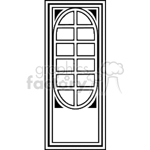 This clipart image depicts a tall, slender door with a window embedded in it. The window is divided into two sections: the upper half features an arched design with a grid pattern, while the lower half presents a rectangular grid pattern with several panes.