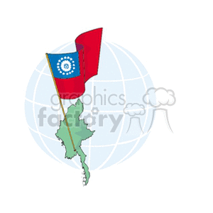 The clipart image depicts a stylized globe in the background with a simplified map of the country of Myanmar (formerly known as Burma) in green color, overlaid. A flagpole with the flag of Myanmar is prominently displayed in the foreground. The flag shows a red field with a canton of a dark blue rectangle containing a white star.