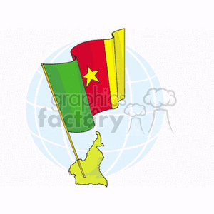 The clipart image features the flag of Cameroon, with a vertical tricolor of green, red, and yellow with a star in the center, planted on a stylized outline map of Cameroon. The background of the image displays a simplified illustration of a globe focusing on the grid lines.
