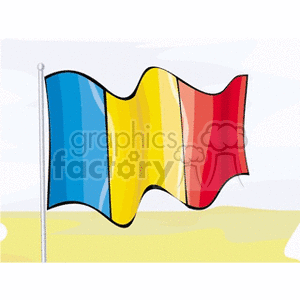 The image is a stylized illustration of a flag consisting of three vertical stripes in blue, yellow, and red colors, with a flagpole on the left side. The design is wavy, to give the impression that the flag is fluttering in the wind.