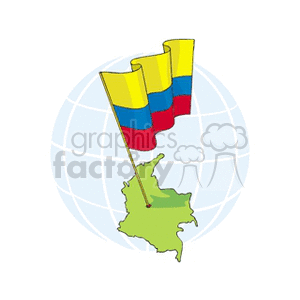 The clipart image shows a stylized version of the Colombian flag with horizontal stripes in yellow, blue, and red, planted on a green representation of the Colombian map. The map and flag are set against the backdrop of a simplified globe.
