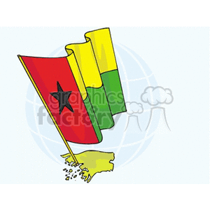 The clipart image features the national flag of Guinea-Bissau, depicted with a red vertical stripe on the hoist side bearing a black star, and horizontal yellow and green stripes. This flag is positioned in front of a stylized globe with latitude and longitude lines, and the outline of a landmass, presumably representing Guinea-Bissau, appears at the base of the flagpole.