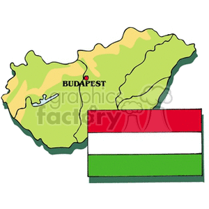The image depicts a colored clipart featuring the outline map of Hungary with its capital Budapest marked. Additionally, the national flag of Hungary, consisting of three horizontal bands of red, white, and green, is displayed in the foreground.