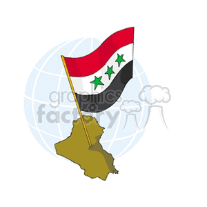 The clipart image features the flag of Iraq, with its characteristic horizontal tricolor of red, white, and black stripes and three green stars in the center of the white stripe, superimposed over a simplified globe background. In the foreground, there is a stylized representation of the geographical shape of Iraq in a brownish color, with the flagpole planted within its borders.
