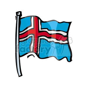The image shows a stylized version of the Icelandic flag. The flag features a blue field with a white cross, and a red cross within the white cross. It is depicted on a flagpole and appears to be waving, suggesting movement or wind.